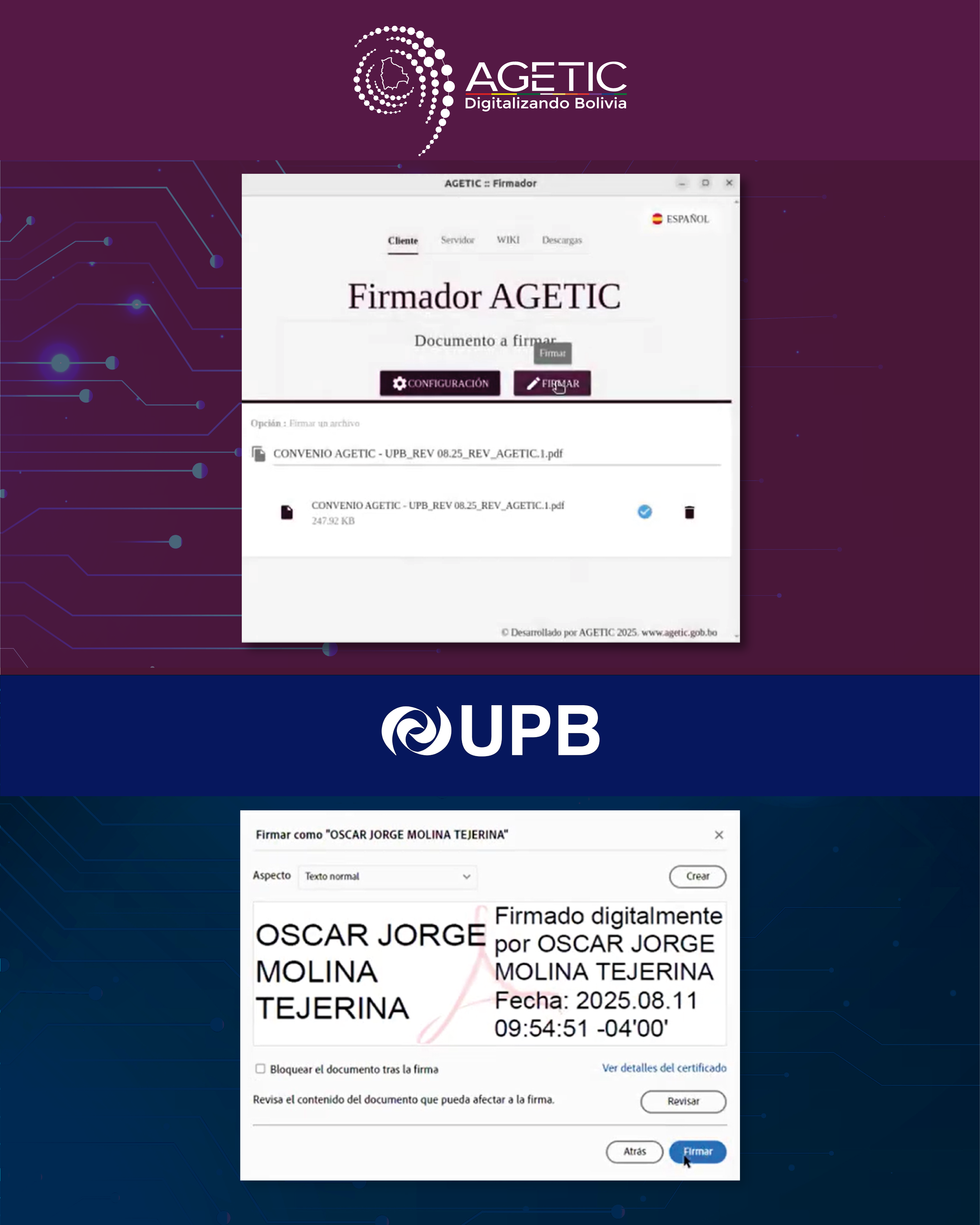 AGETIC y UPB firman convenio a distancia con firma digital, marcando el camino de una Bolivia más conectada